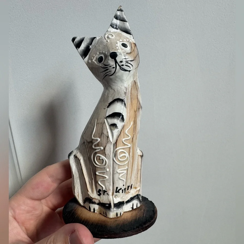 Wood Carved Cat Folk Art Hand Painted St Kitts Kitty Figurine